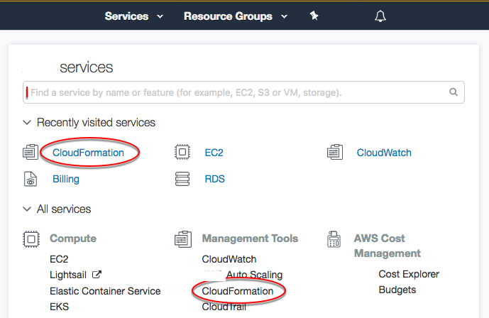 
                     用于从 Amazon Web Services Management Console 主页选择 CloudFormation 的选项。
                  
