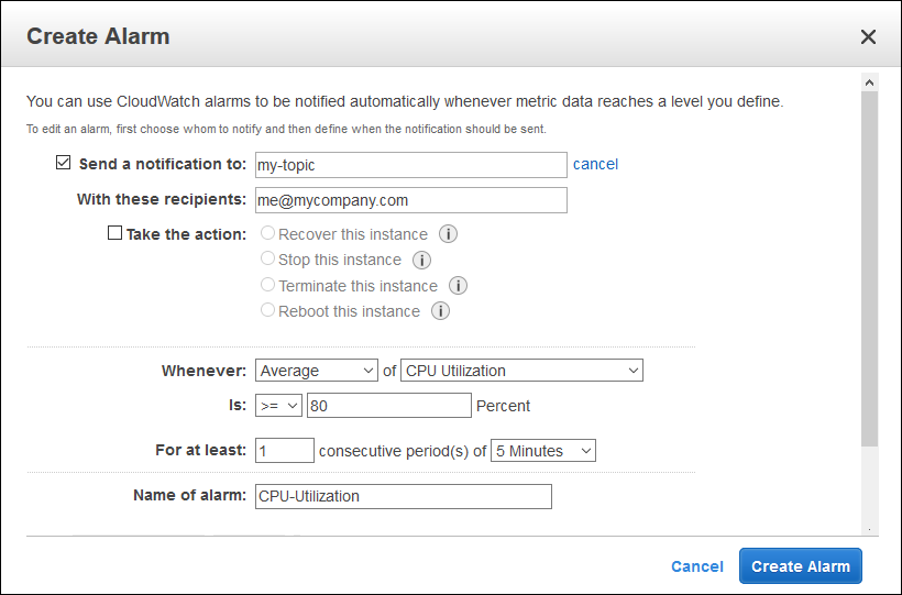 
                  使用 Amazon EC2 控制台创建 CloudWatch 警报。
                