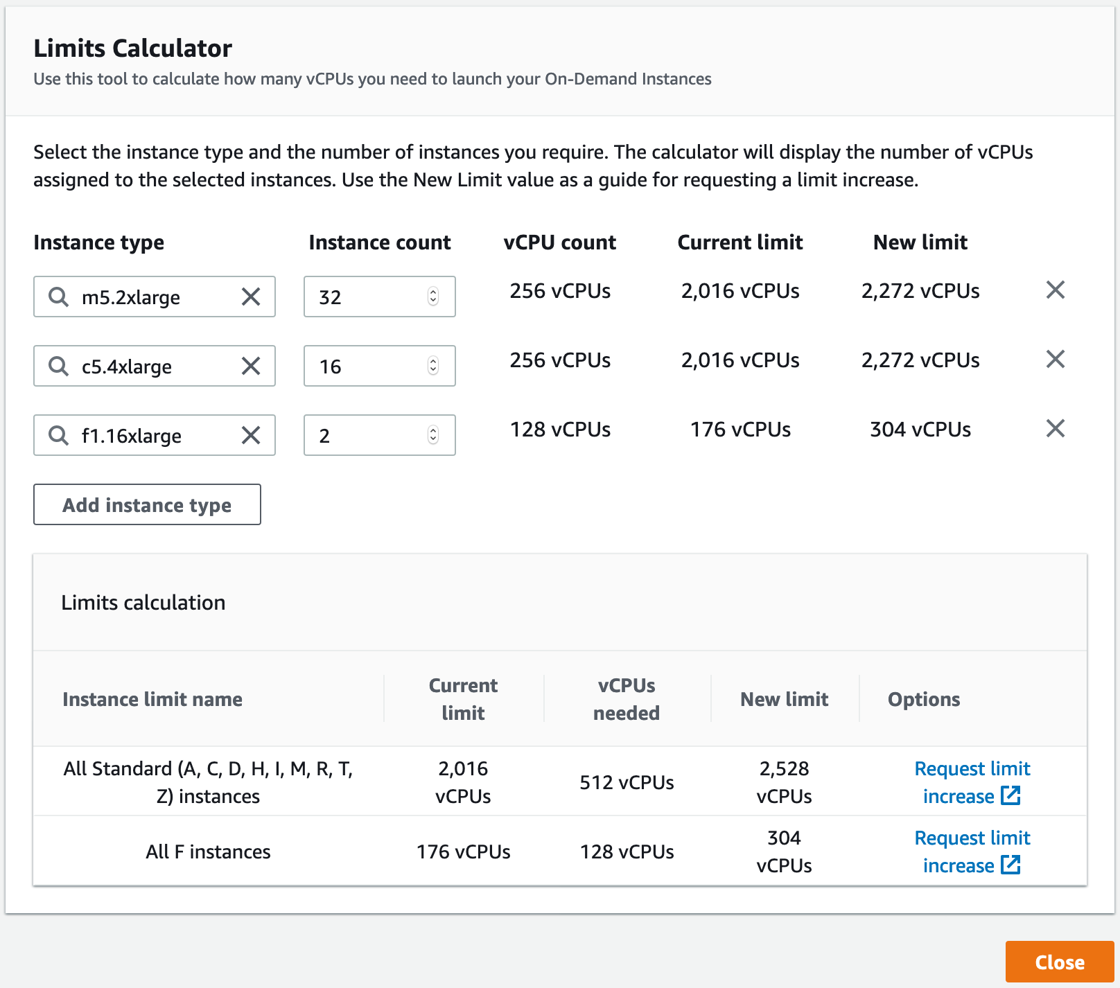 
                    Amazon EC2 控制台中的 vCPU 限制计算器。
                