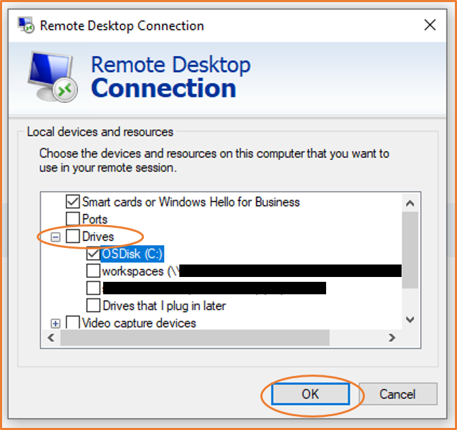 
									RDP 本地设备和资源窗口。
								