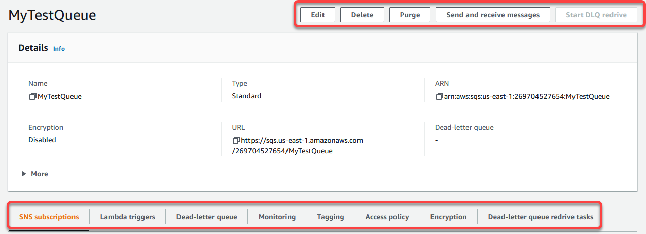 Amazon SQS 控制台中的队列详细信息页面