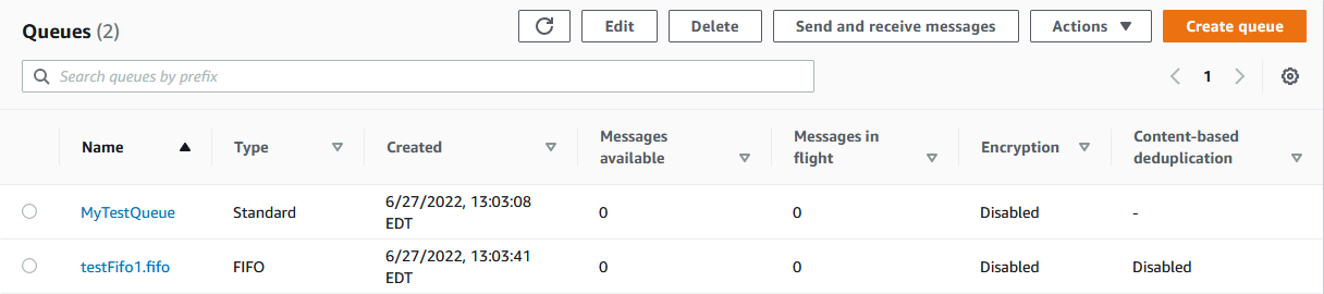 
				Amazon SQS 控制台中的队列页面
			
