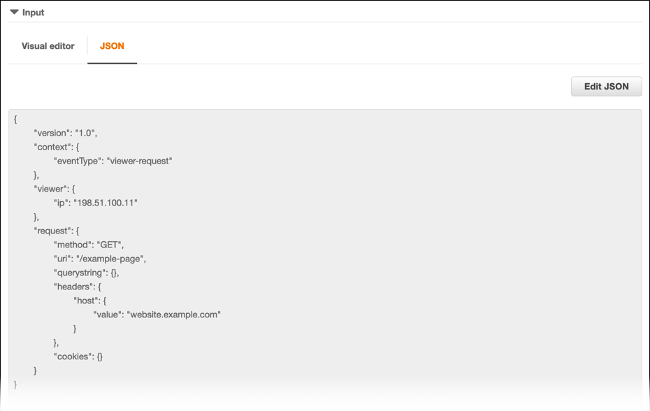 
                                JSON 编辑器中的 CloudFront 函数的示例测试事件。
                            