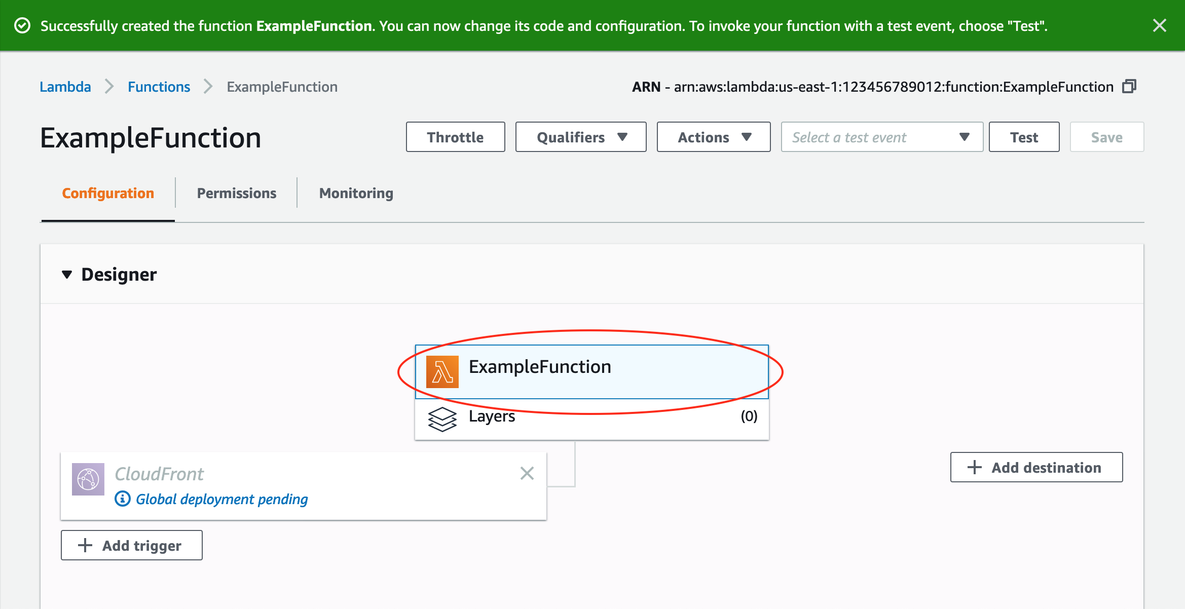 
								Lambda 控制台中的 Lambda 函数页面，显示选定函数名称的设计器部分。
							