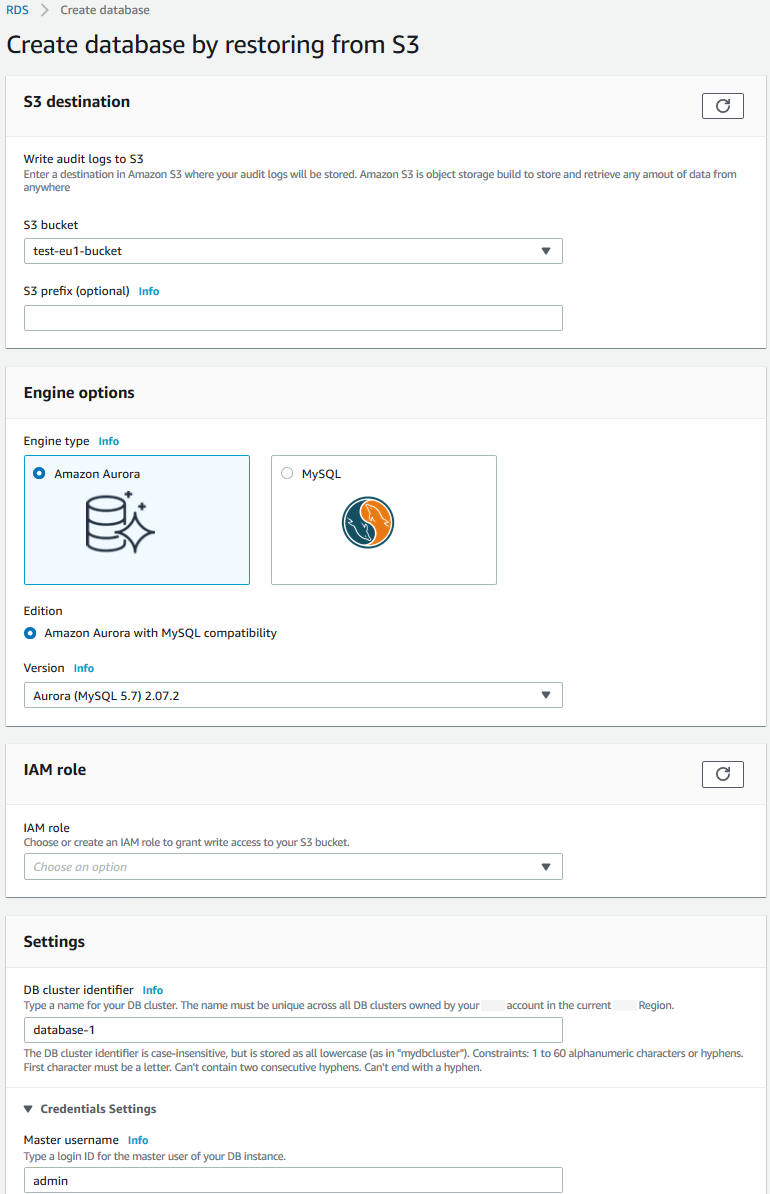 
                                您指定从 S3 还原数据库集群的详细信息的页面
                            
