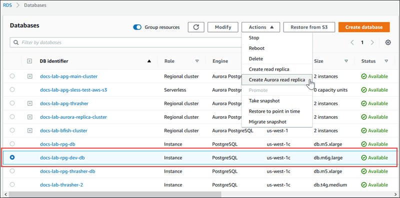 
                                    创建 Aurora 只读副本
                                