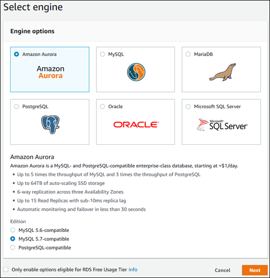 
                            Amazon Aurora 选择引擎
                        
