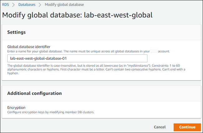 
        屏幕截图显示 Aurora 全局数据库的修改设置页面。
      