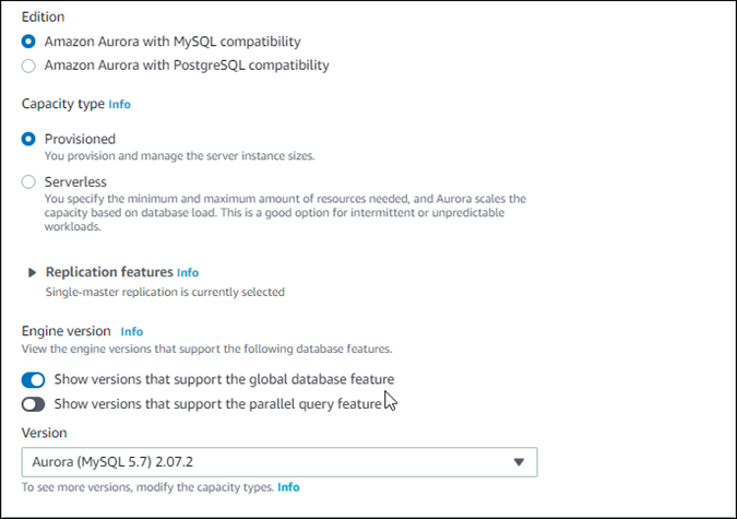 
                创建 Aurora 数据库集群时（Aurora 全局数据库的第一阶段）的版本、容量类型、复制功能、引擎版本和版本选项的屏幕截图。
              