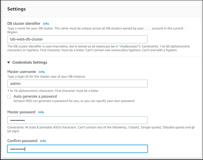 
                创建全局数据库时的 Settings (设置) 选项屏幕截图。
              