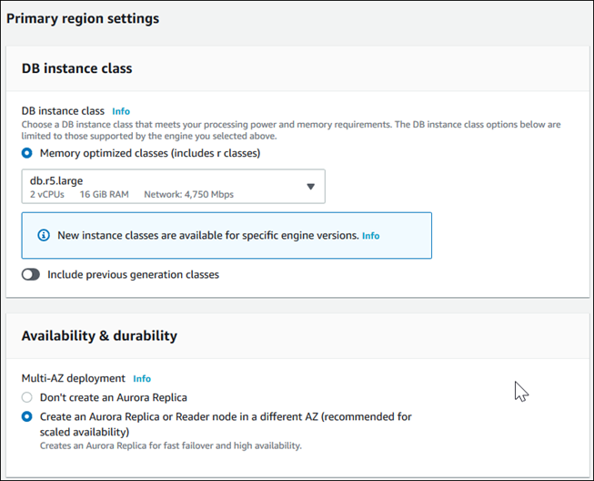 
                            Create database (创建数据库) 页面的 Aurora MySQL 5.6.10a 主区域设置部分的屏幕截图。
                          