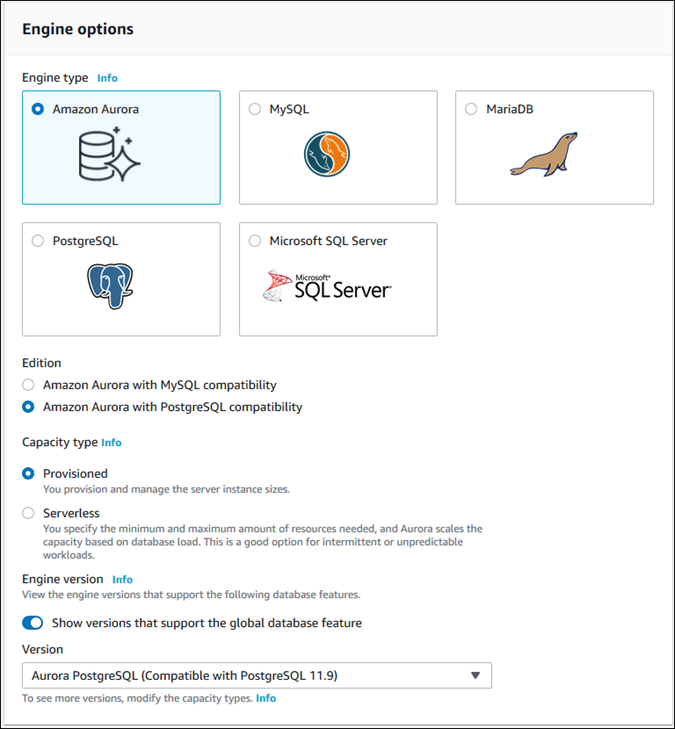 
                  创建 Aurora 数据库集群时（Aurora 全局数据库的第一阶段）的版本、容量类型、复制功能、引擎版本和版本选项的屏幕截图。
                
