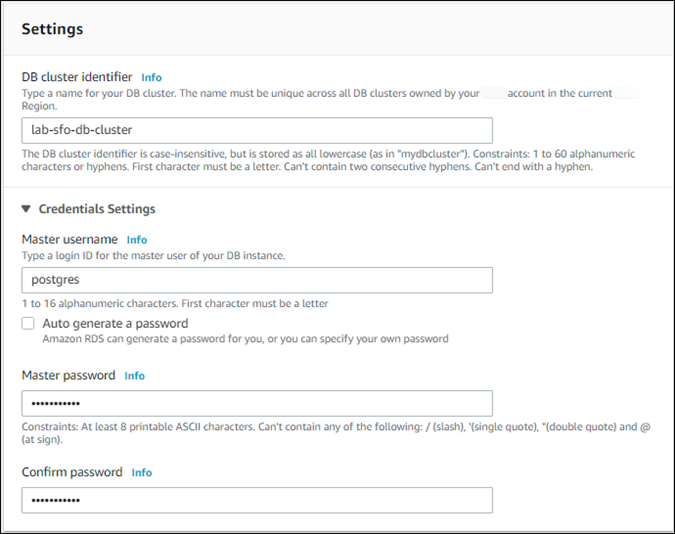 
                  创建全局数据库时的 Settings (设置) 选项屏幕截图。
                