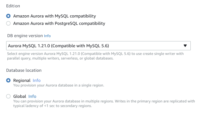 
            创建一个 Aurora 多主集群：选择与 MySQL 5.6 兼容的 Aurora MySQL
          