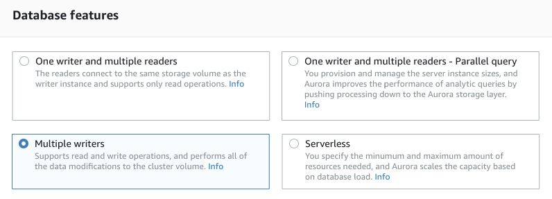 
            创建一个 Aurora 多主集群：选择“Multiple Writers (多个写入器)”
          
