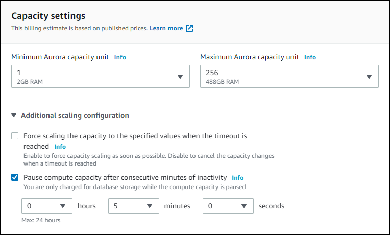
                         使用控制台设置 Aurora Serverless v1 数据库集群的最小容量和最大容量
                     