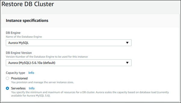 
                                使用控制台还原 Aurora Serverless v1 数据库集群
                            