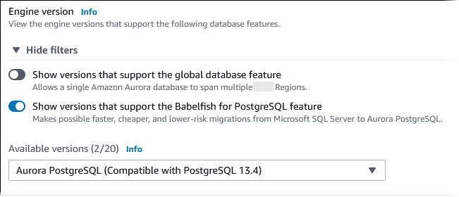 
							选择一个 Aurora PostgreSQL 版本。
						