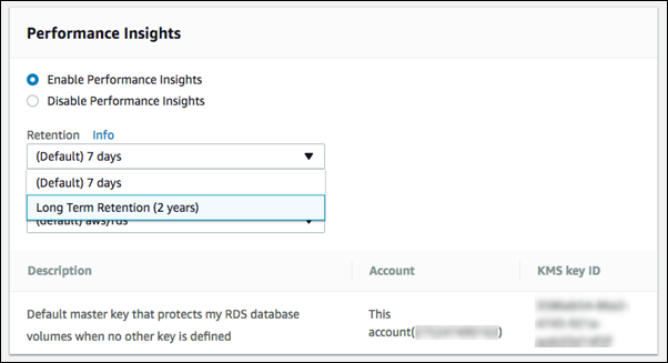 
						在使用控制台创建数据库实例期间打开 Performance Insights
					