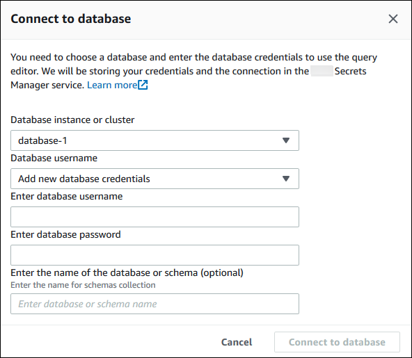 
                            查询编辑器的“Connect to database (连接到数据库)”页面
                        