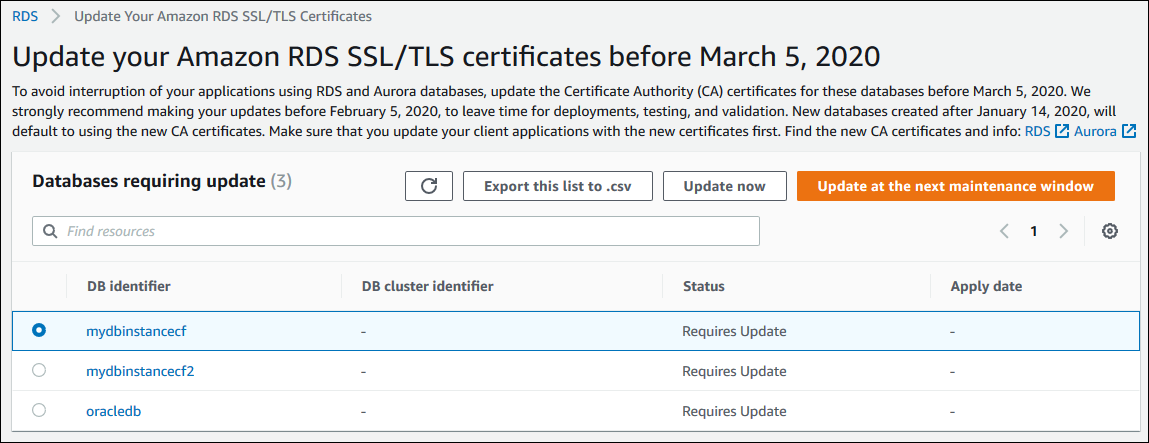 
                                    更新多个数据库实例的 CA 证书
                                