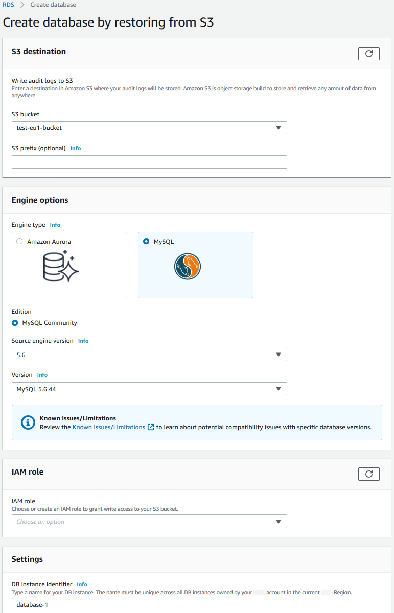 
                                您指定从 S3 还原数据库实例的详细信息的页面
                            