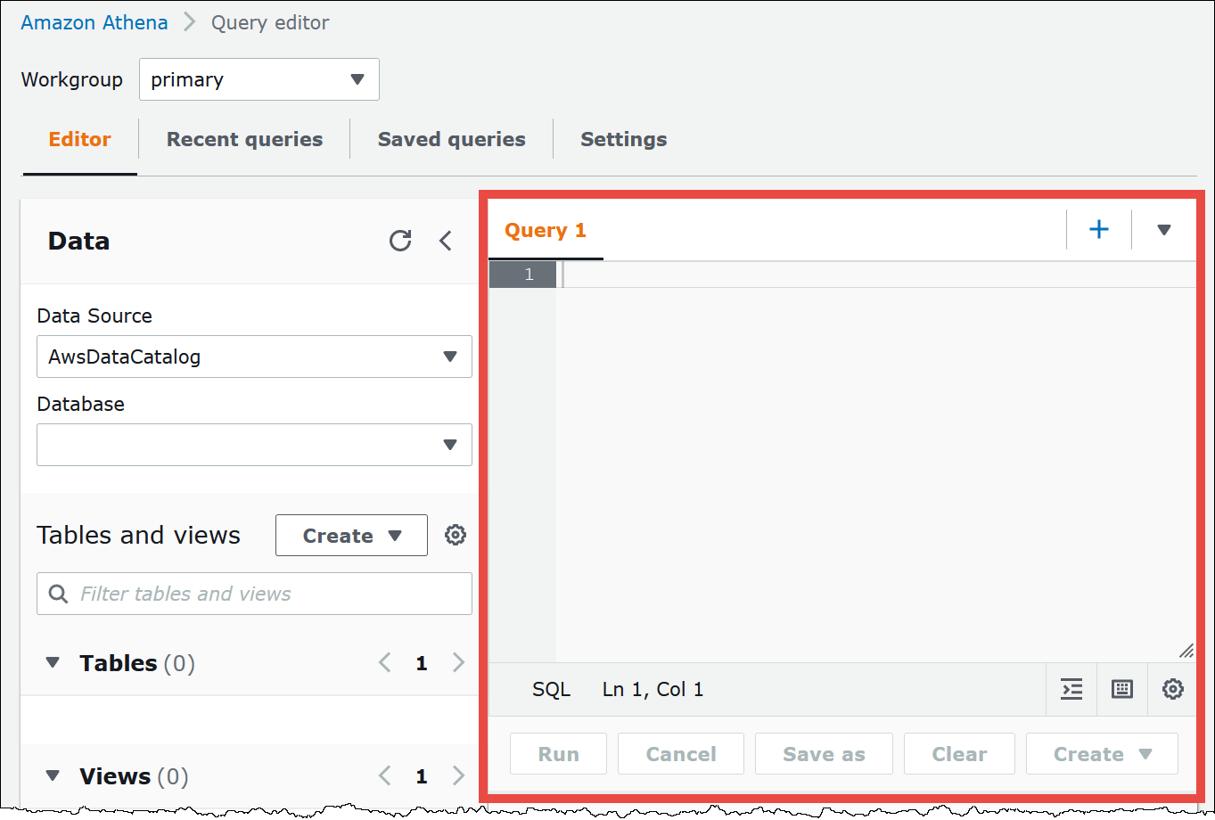 
                        Athena 控制台中的查询编辑器。
                    