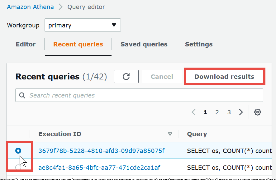 
                        在 Athena 控制台中查看和下载最近的查询。
                    