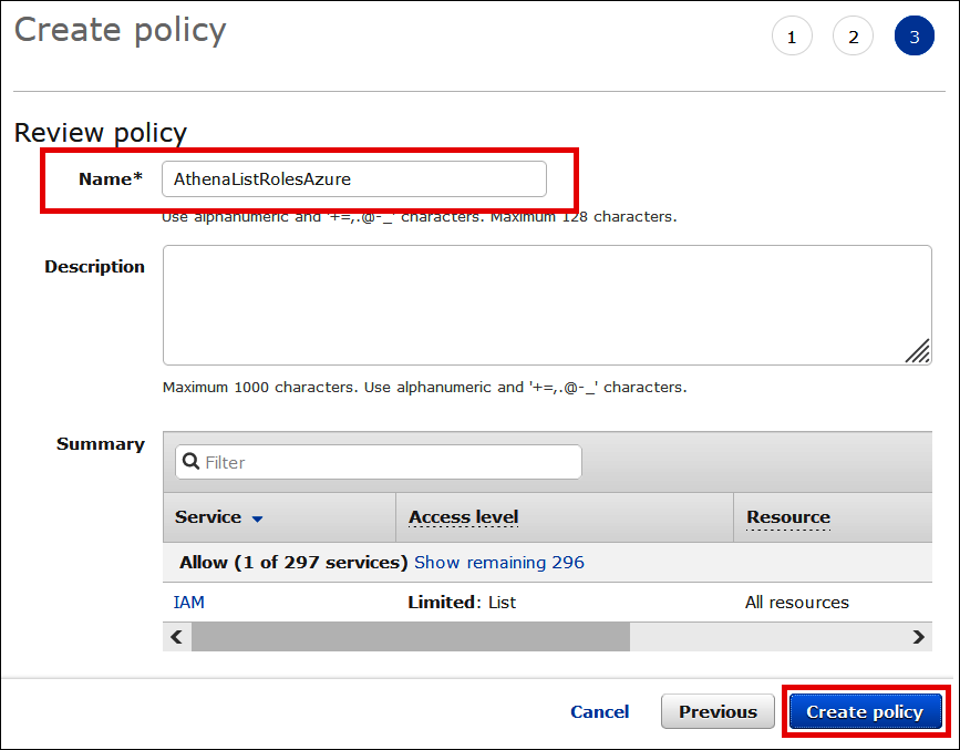 
                                IAM 控制台中命名和创建 ListRoles 策略。
                            