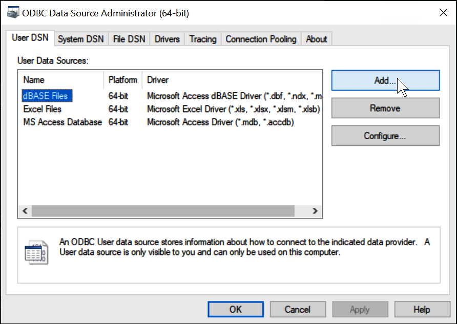 
                            在 Microsoft Windows 中向 ODBC 数据源程序添加一个数据源。
                        