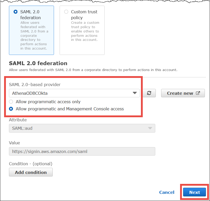 
                                    选择 Create role（创建角色）页面上的选项。
                                
