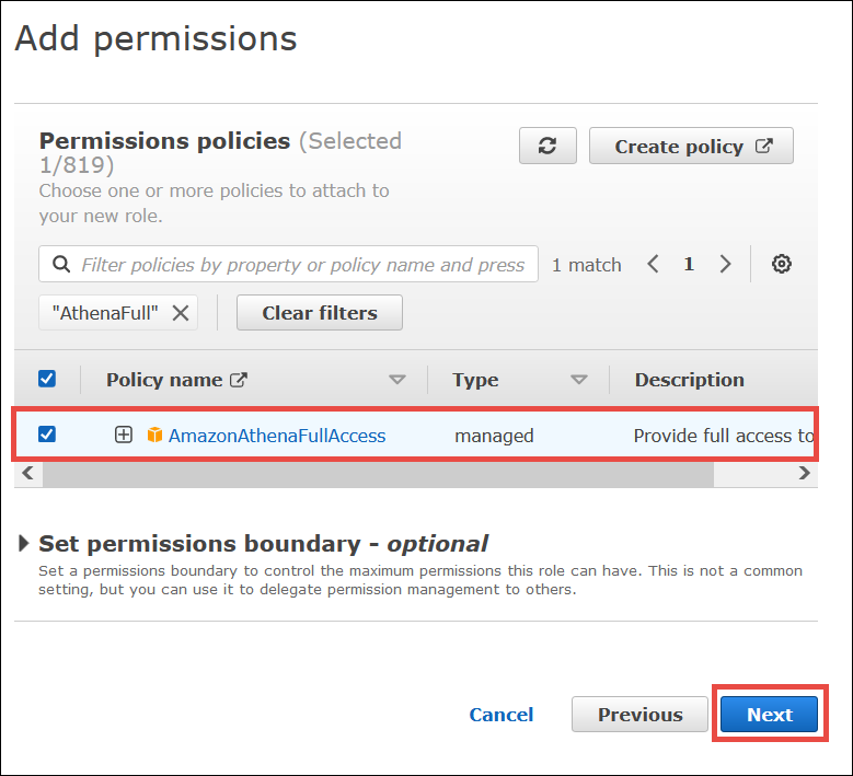 
                            选择名为 AmazonAthenaFullAccess 的托管式策略。
                        
