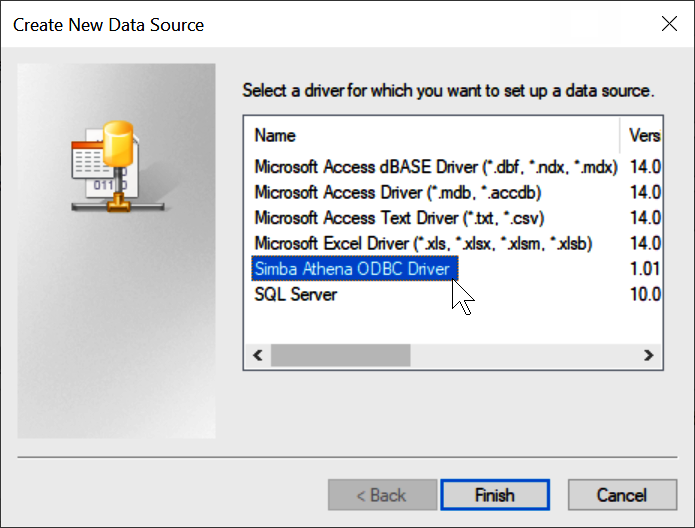 
                        选择 Athena ODBC 驱动程序。
                    