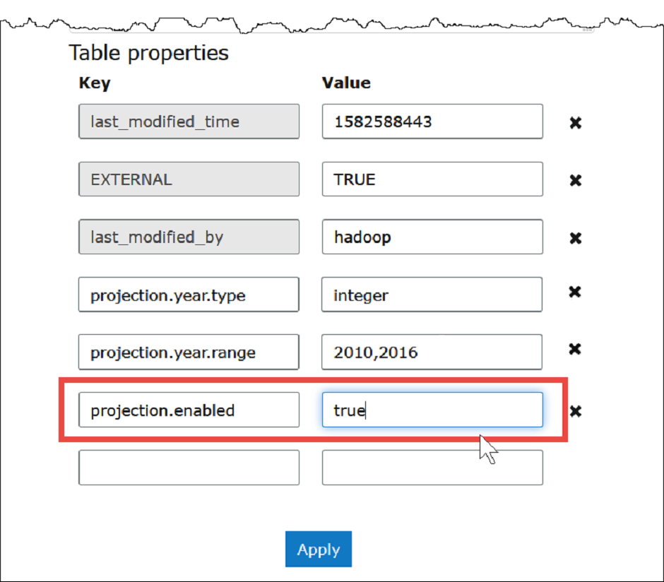 
                        在 Amazon Glue 控制台中的表属性中启用分区投影。
                    
