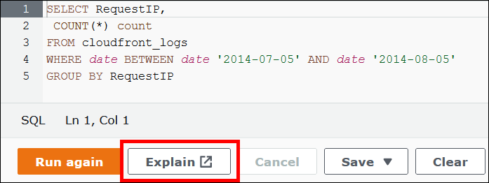 
                    在 Athena 查询编辑器中选择 Explain（说明）。
                
