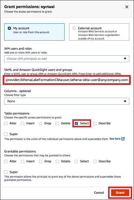 
                                向 Okta 用户授予表和列级别权限。
                            