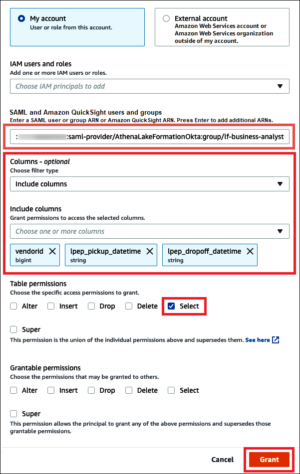 
                                向 Okta 组授予表权限。
                            