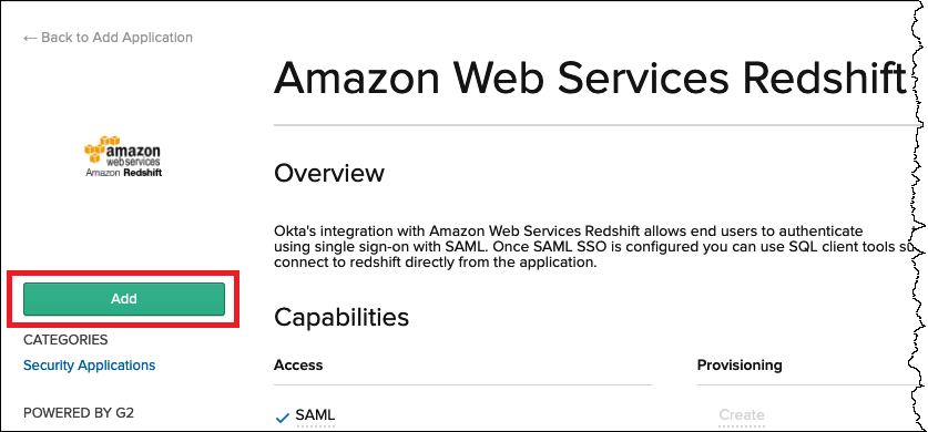 
                        选择 Add（添加）创建基于 SAML 的应用程序。
                    