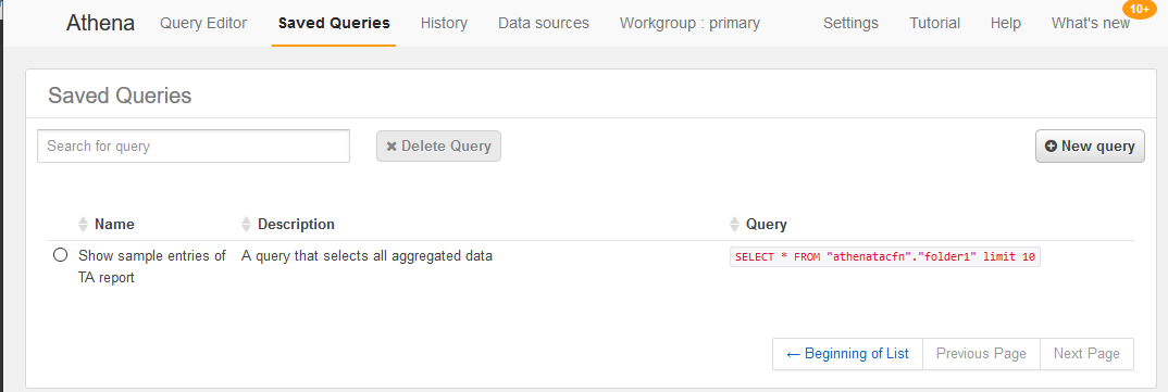 
                        Athena 控制台中已保存的示例查询的屏幕截图。
                    