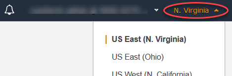 
                            区域选择器中显示 N Virginia (弗吉尼亚北部) 的控制台屏幕截图。
                        