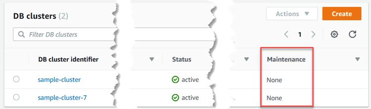 
               显示集群维护列的 Amazon DocumentDB 控制台。
            