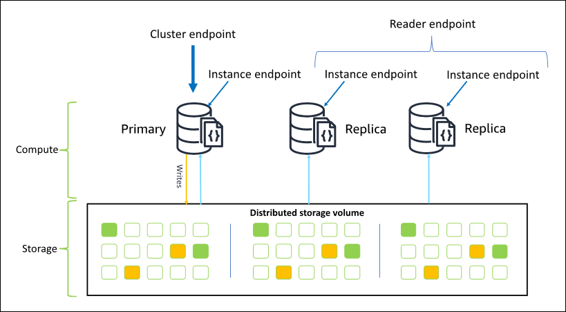 
         Amazon DocumentDB 终端节点（包括集群、读取器和实例终端节点）示意图。
      
