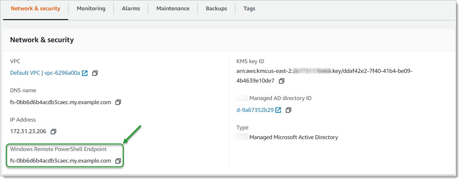 
   FSx 控制台网络和安全选项卡，Windows 远程 PowerShell 终端节点。
  