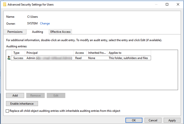 Windows 文件资源管理器审核选项卡用于为 Windows 文件访问审核设置文件和文件夹的审计控制。