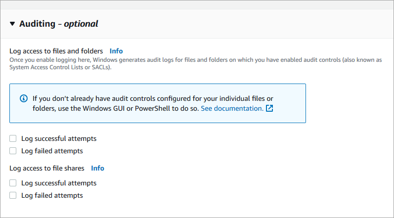 这些区域有：审核-可选“创建文件系统向导” 部分，显示默认情况下文件访问审核处于关闭状态。