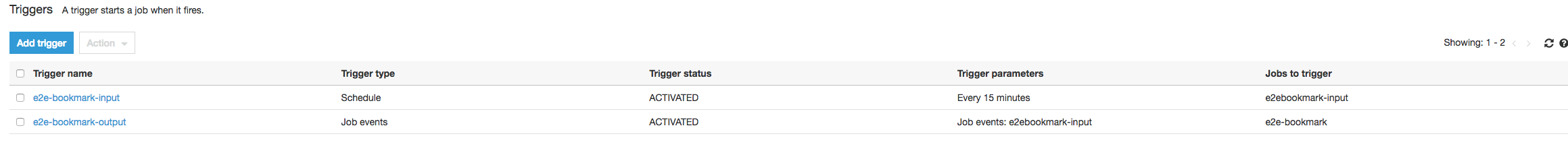 
        显示控制输入和输出作业计划的作业触发器的控制台屏幕截图。
      