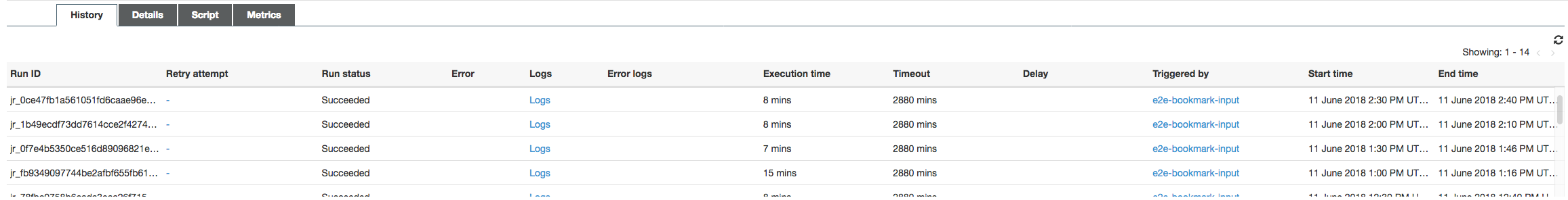 
        显示输入作业的“历史记录”选项卡的控制台屏幕截图。
      