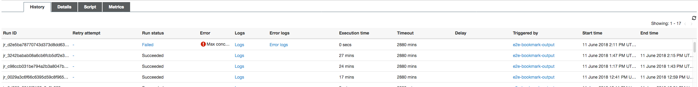 
        显示输出作业的“历史记录”选项卡的控制台屏幕截图。
      
