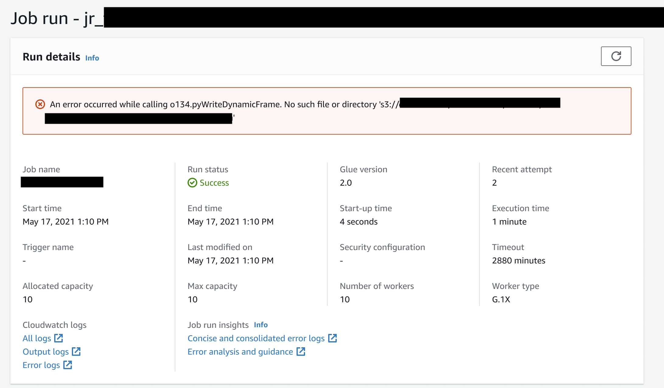 
        包含日志流链接的任务运行详细信息页面。
      