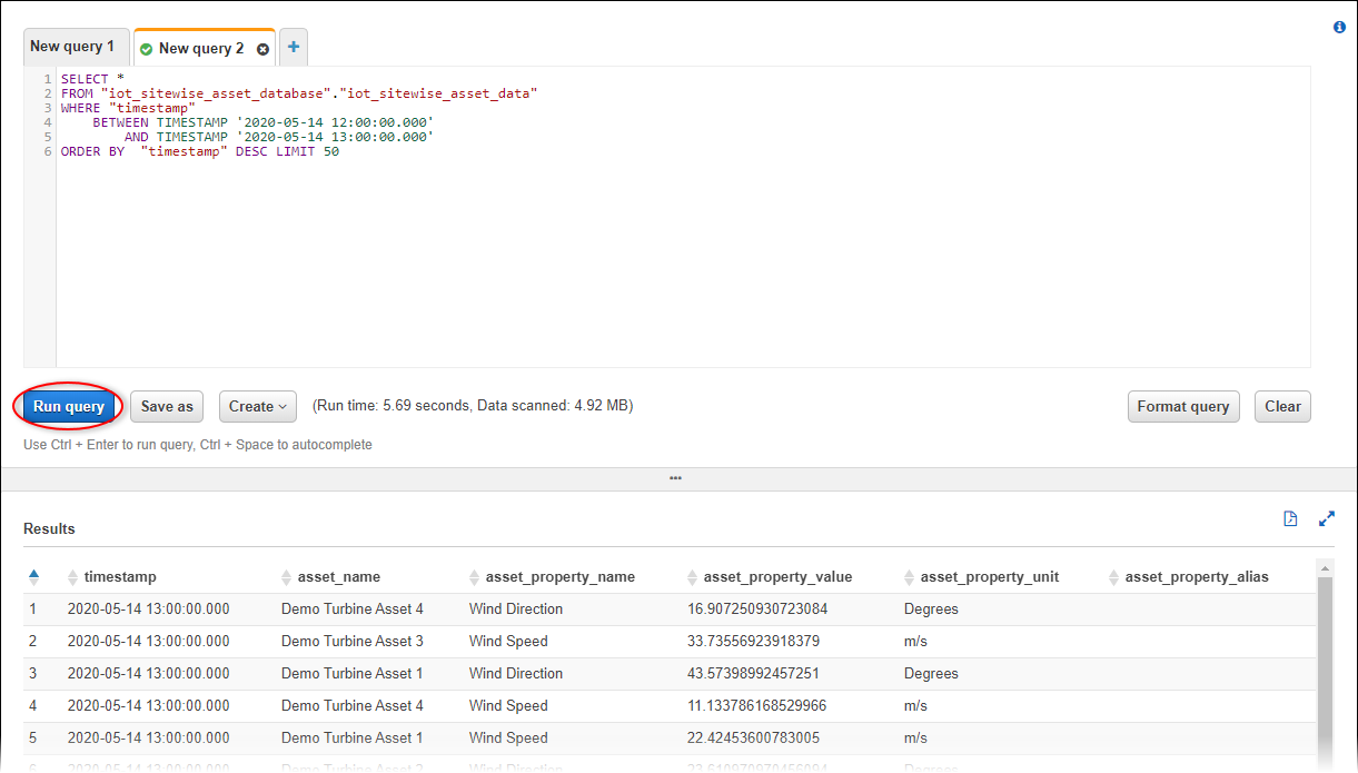 
              Athena “Query Editor (查询编辑器)” 屏幕截图，突出显示 “Run
            